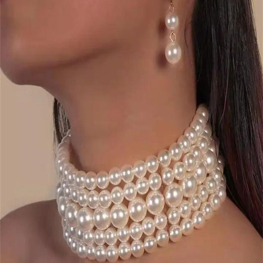 5 Layer Pearl Necklace Earings For Girls