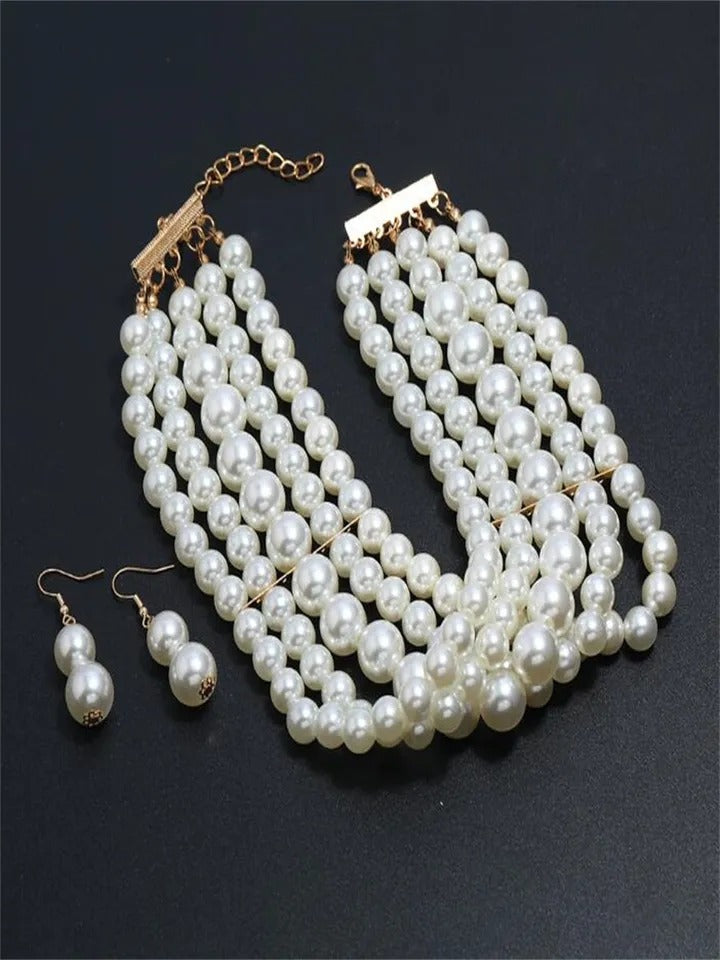 5 Layer Pearl Necklace Earings For Girls