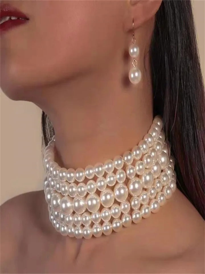 5 Layer Pearl Necklace Earings For Girls